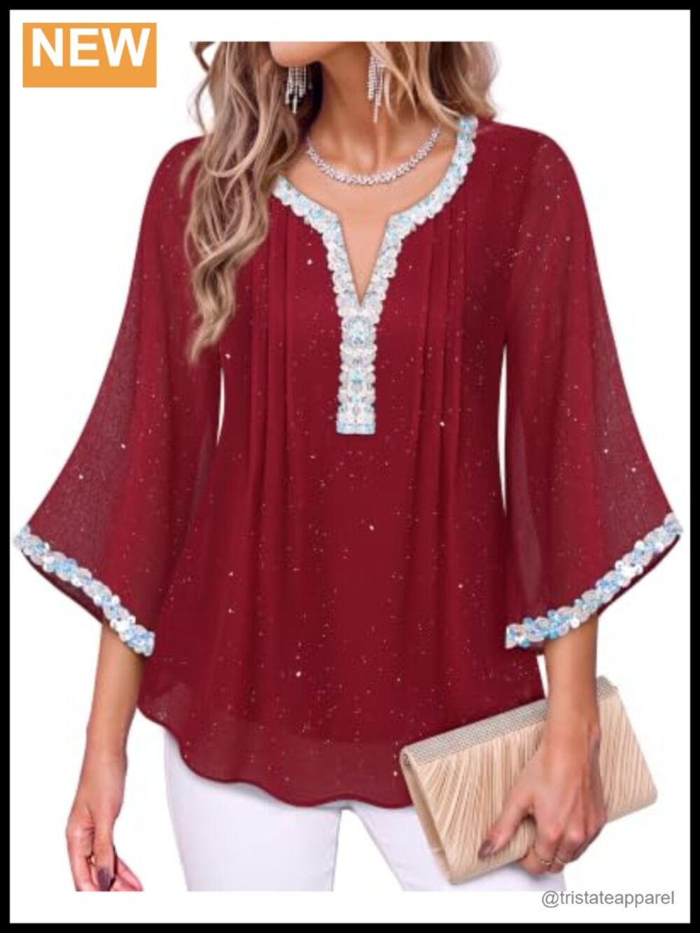 Women's 3/4 Sleeve Embroidered V Neck Double Layers Chiffon Blouse